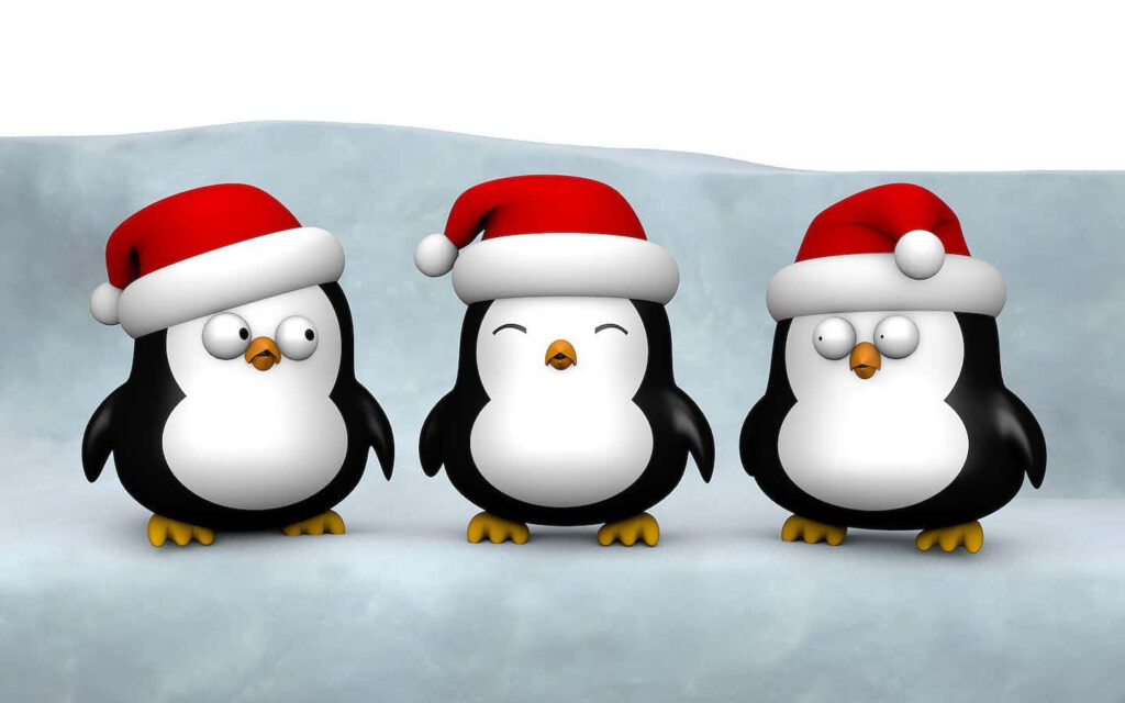 Festive Scene: Three Adorable Penguins in Santa Hats on Snowy Landscape Wallpaper