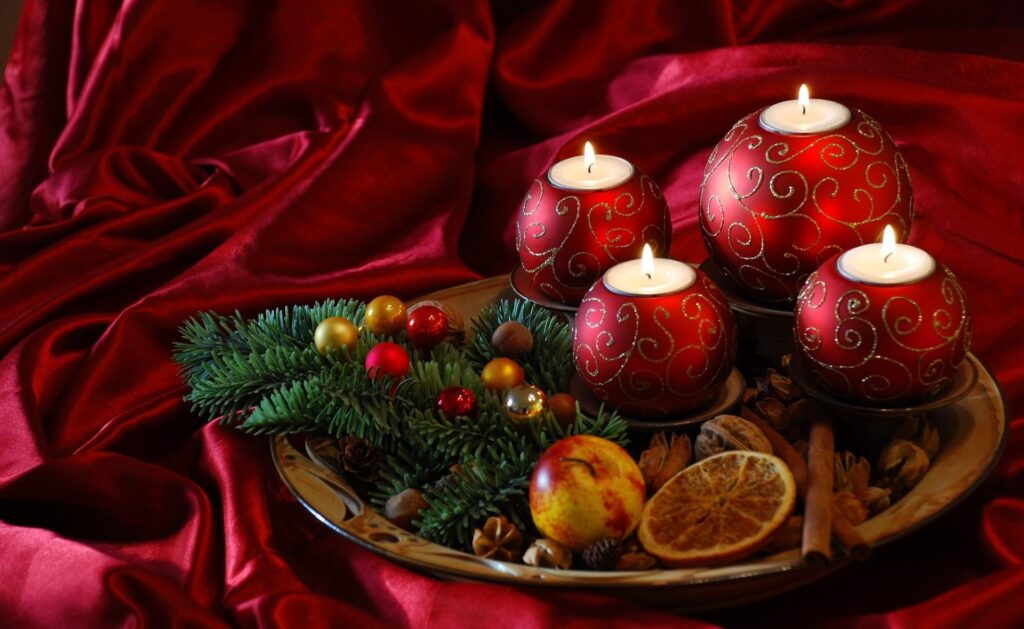 Festive Holiday Wallpaper: Red Candles & Silk Backdrop Design