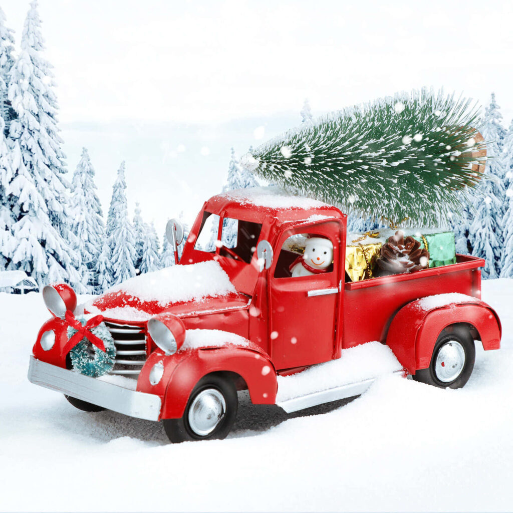 Vintage Red Truck Christmas Wallpaper with Snowman & Pine Tree