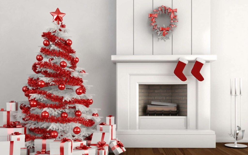 Festive White Christmas Tree with Red Ornaments & Cozy Fireplace Wallpaper