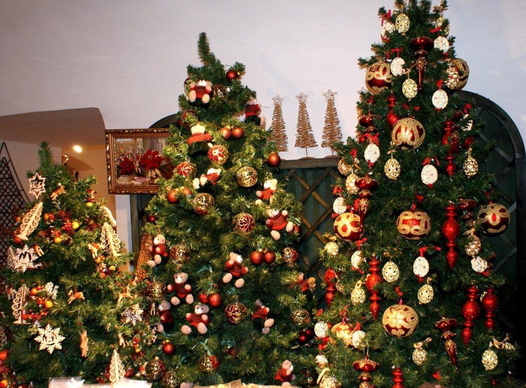 Festive Christmas Wallpaper with Decorated Trees and Holiday Cheer