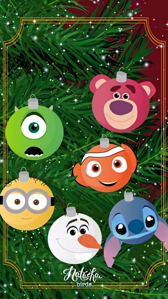 Colorful Animated Character Ornaments on Christmas Tree Wallpaper