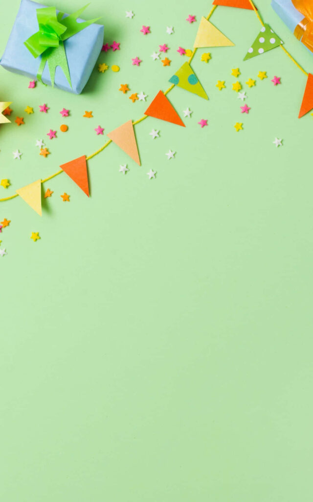 Cheerful Green Wallpaper with Colorful Pennants & Confetti Decor