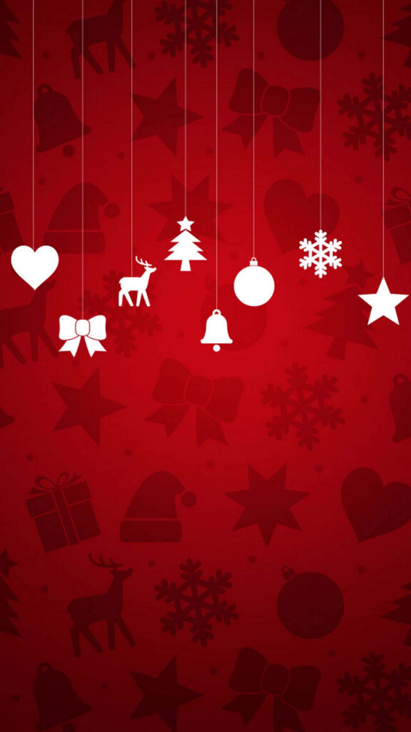 Festive Red Wallpaper with White Christmas Ornaments & Snowflakes