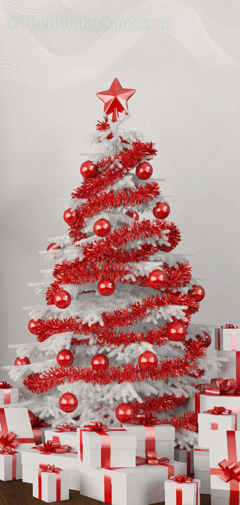 Festive White Christmas Tree with Red Decorations & Gifts Background Wallpaper