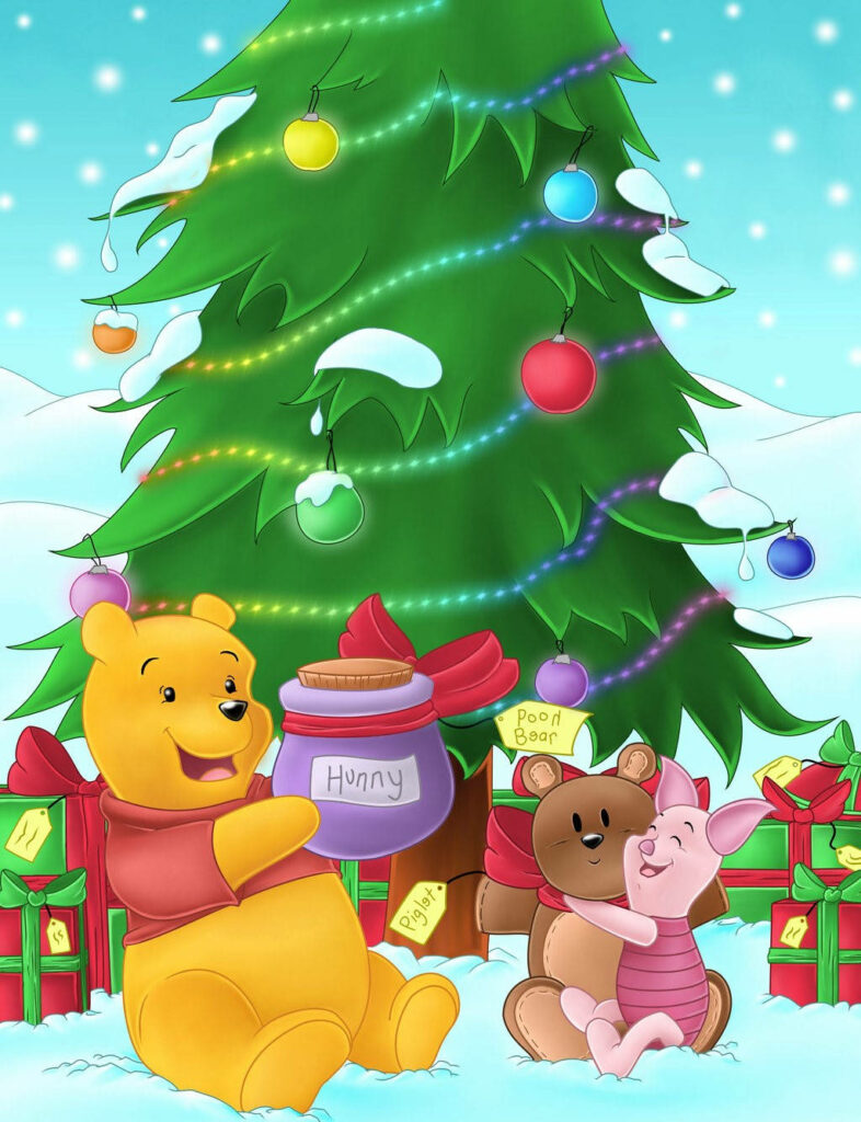 Festive Winnie the Pooh Holiday Wallpaper with Friends & Christmas Tree