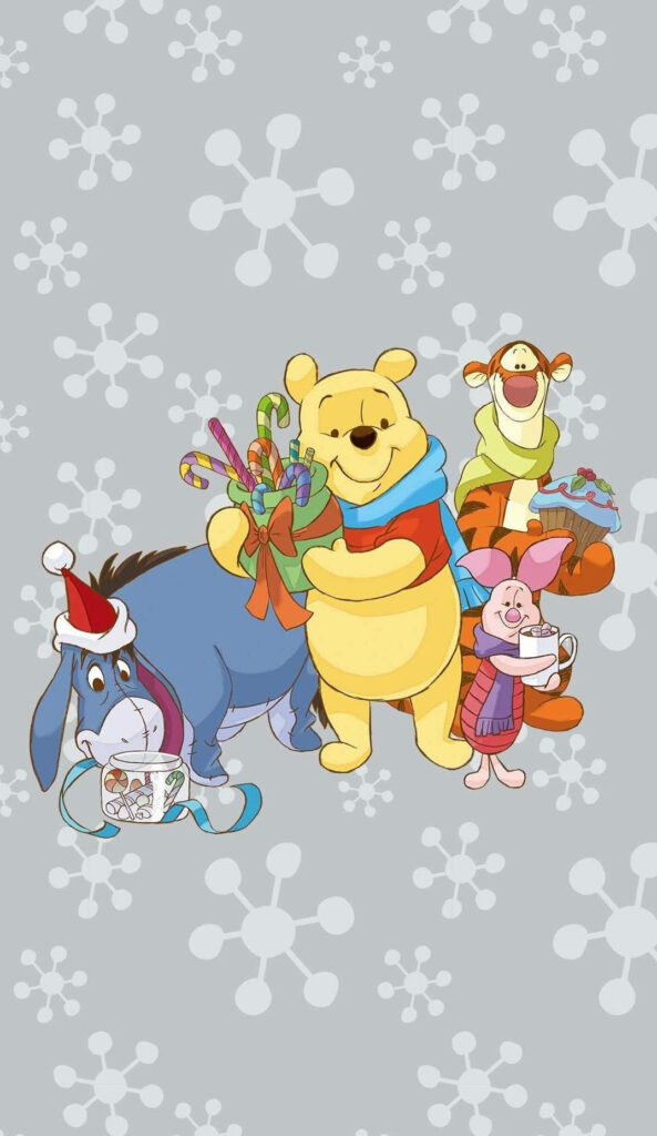 Cheerful Winnie the Pooh Christmas Wallpaper with Friends & Snowflakes