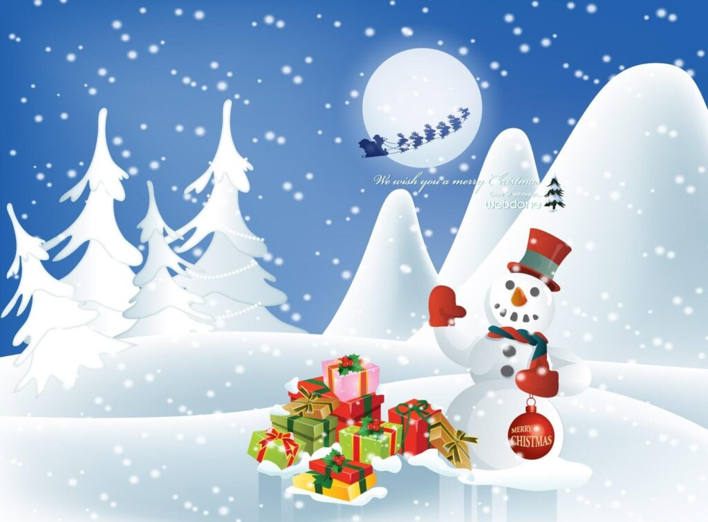 Cheerful Snowman in Festive Winter Scene with Sleigh and Gifts Wallpaper