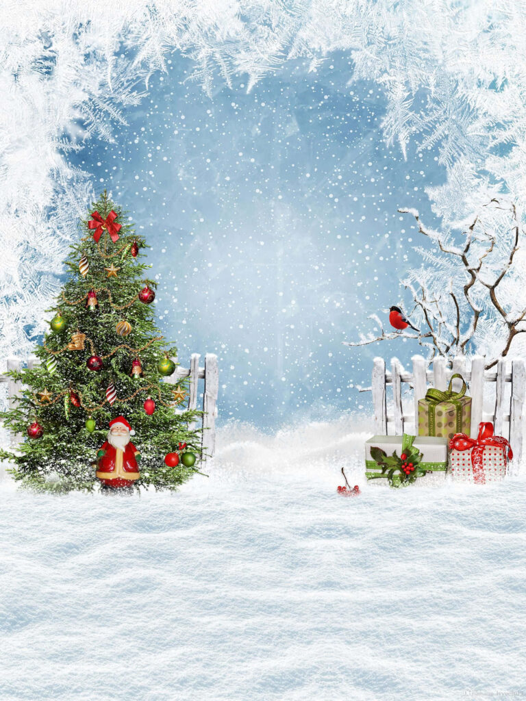Festive Winter Scene Wallpaper: Christmas Tree & Santa by Picket Fence