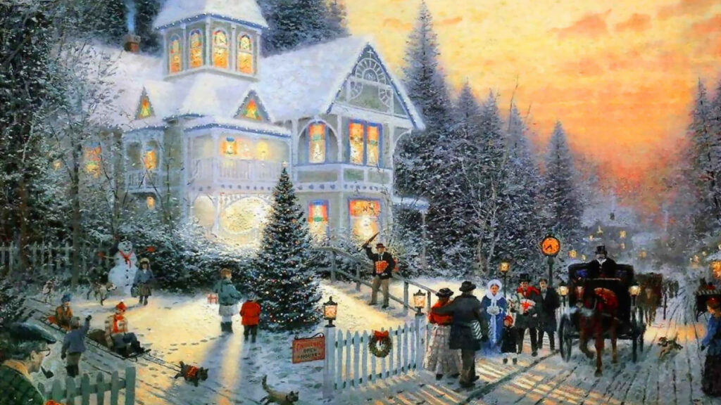 Festive Winter Wallpaper: Snowy Scene with House & Carriage