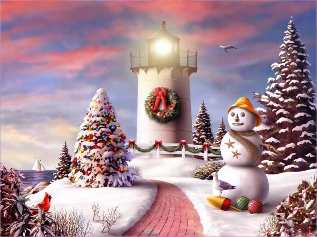 Festive Winter Village Wallpaper: Lighthouse, Snowman & Christmas Tree