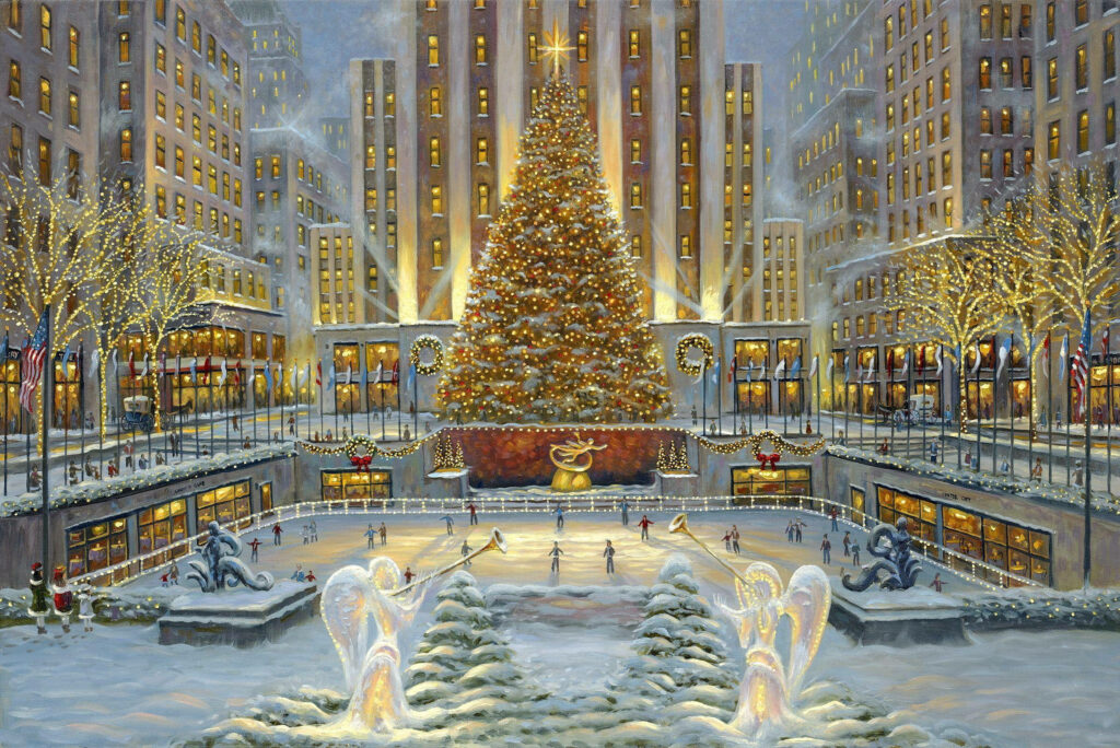 Festive Winter Scene: Rockefeller Center Christmas Tree & Ice Skaters Wallpaper