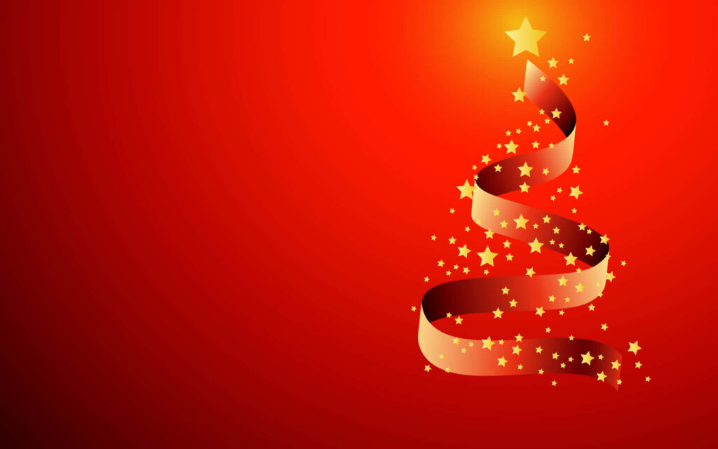 Enchanting Christmas Tree Illuminated with Dazzling Red LED Lights Amidst Snow-Covered Winter Wonderland Wallpaper