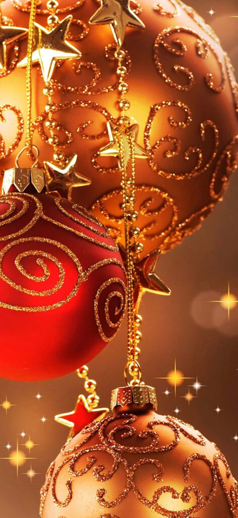 Festive Red & Gold Christmas Ornaments Wallpaper for iPhone