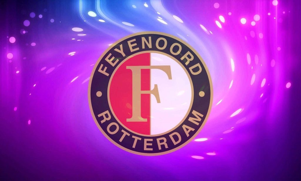 Feyenoord Rotterdam crest on vibrant purple blue abstract glowing wallpaper background