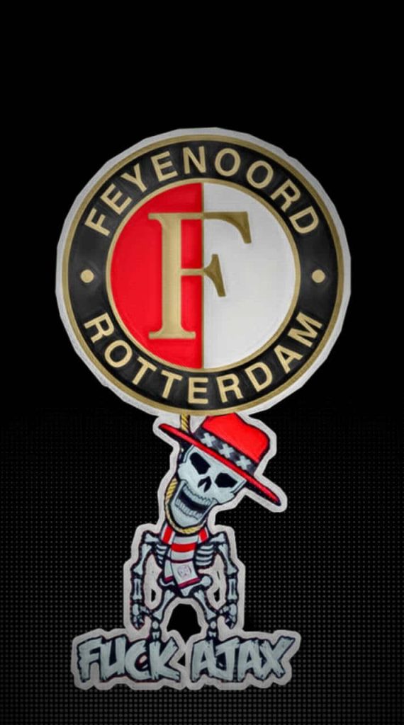 Feyenoord Rotterdam fan wallpaper with club emblem skeleton in red hat and aggressive Ajax rival text