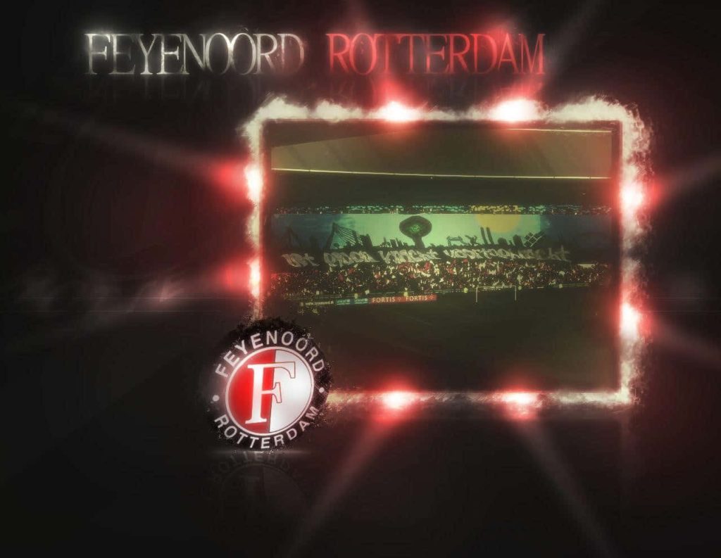 Feyenoord Rotterdam logo centered on glowing stadium background fiery frame wallpaper