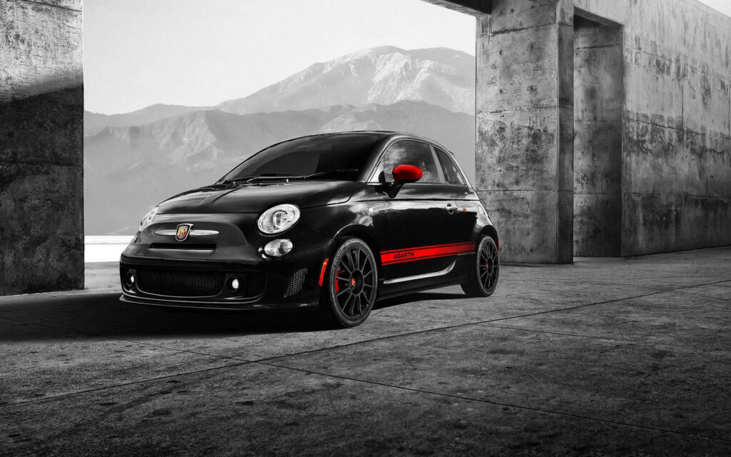 Grayscale Fiat 500 Abarth Wallpaper with Bold Red Details