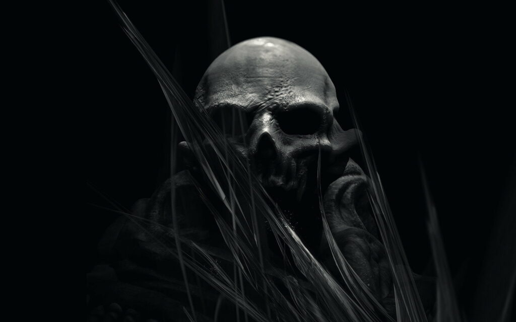 Shrouded Secrets: A Fictional Portrait of a Human Skull on Black Background - HD Art Wallpaper Background Photo