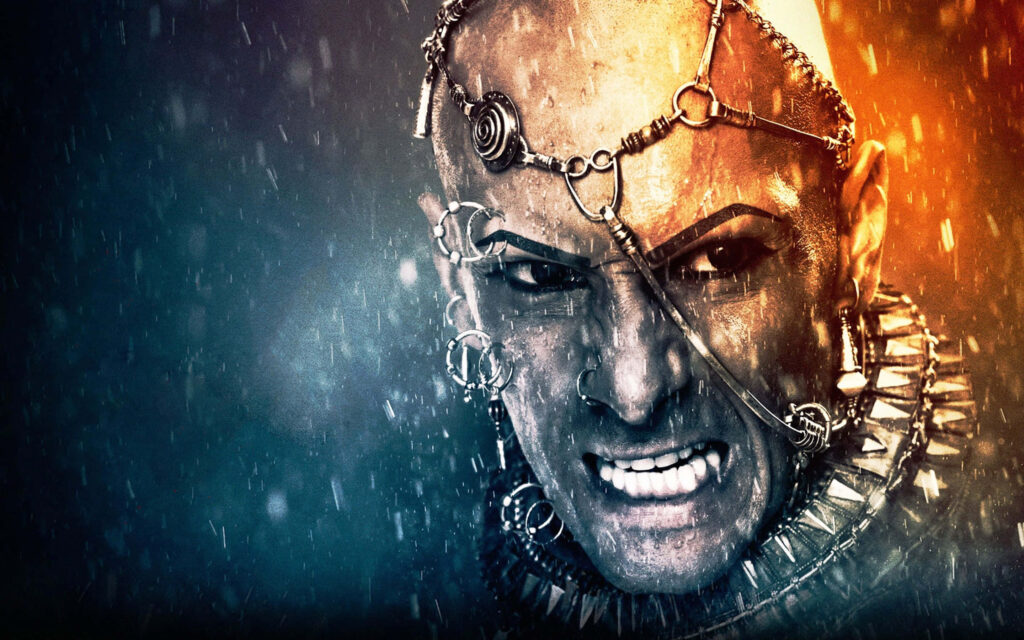 Fierce 300 movie warrior wearing metal chain necklace intense powerful in dramatic rain wallpaper