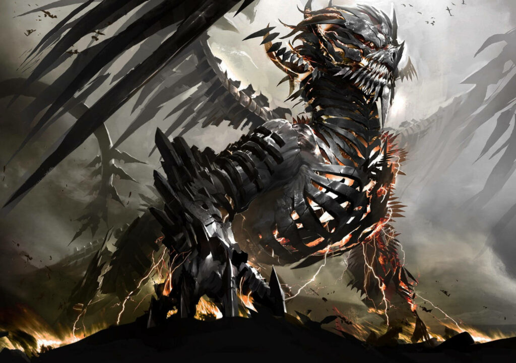 Fierce 3D Metal Dragon Wallpaper: Dramatic Stormy Background