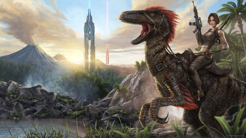 Fierce Ark Survival rider on dinosaur with rifle in prehistoric landscape with mountains forest Wallpaper