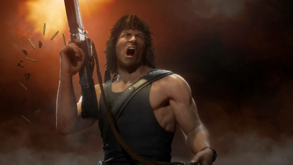 Fierce Action Hero Wallpaper: Intense Combat Scene with Firearm