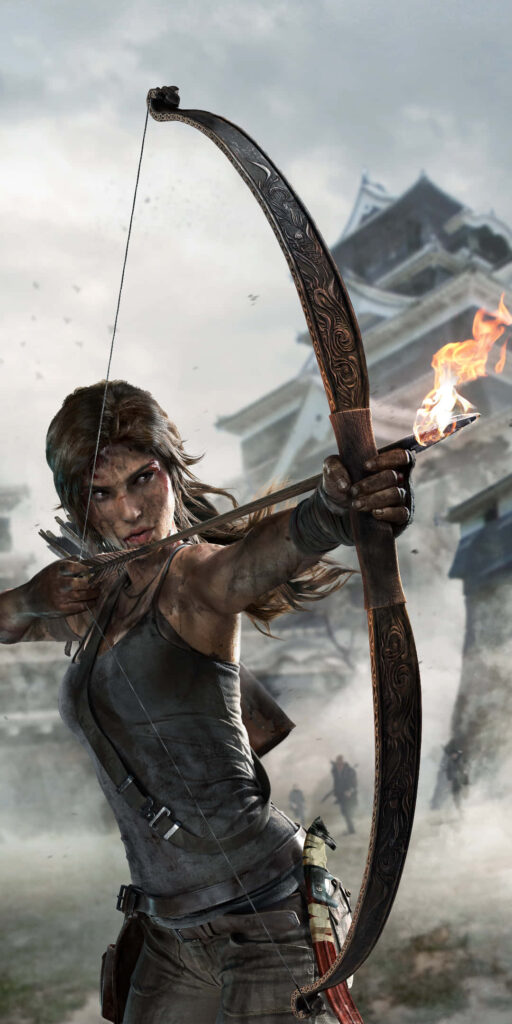 Frozen Inferno: Spectacular Tomb Raider Lara Croft unleashes a Blazing Arrow in the Wintry Wilderness Wallpaper