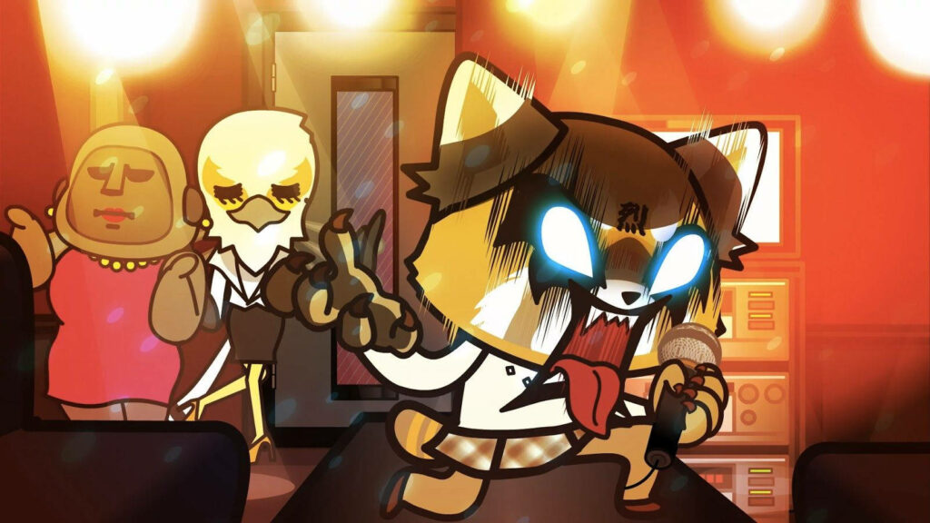 Dynamic Aggretsuko Wallpaper: Fierce Red Panda Rocking Out with Friends