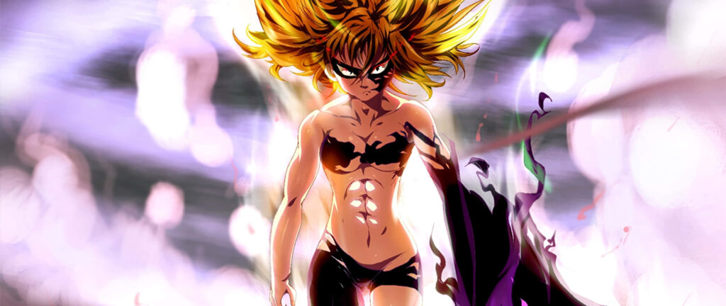 Fierce anime character with swirling energy showcasing determination against seven deadly sins background Wallpaper