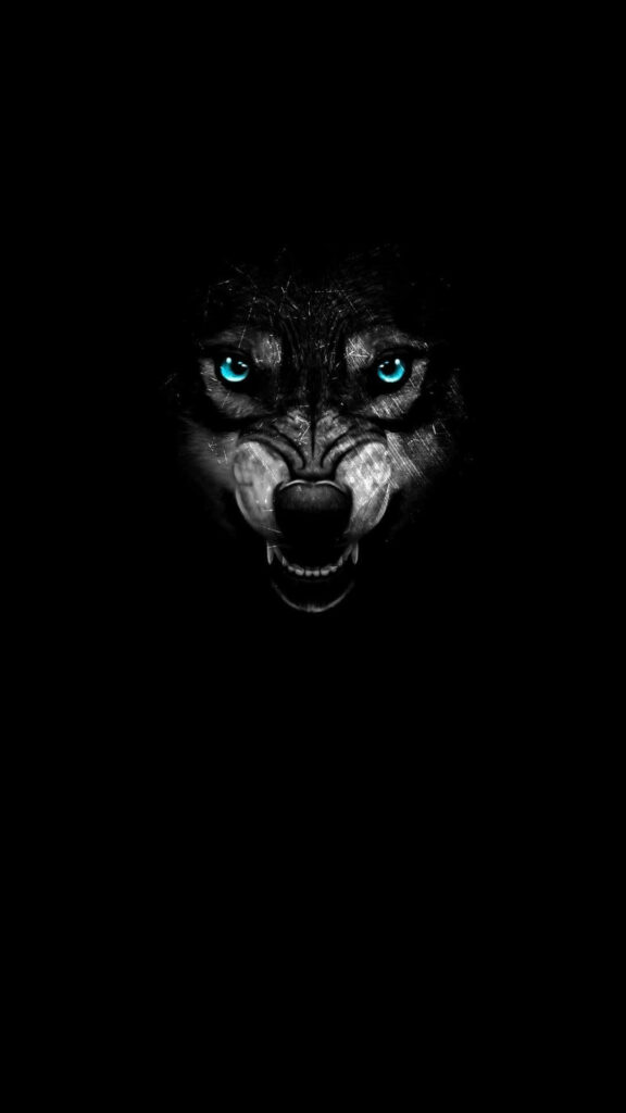 Fierce Anime Wolf with Intense Blue Eyes - Dark Background Wallpaper