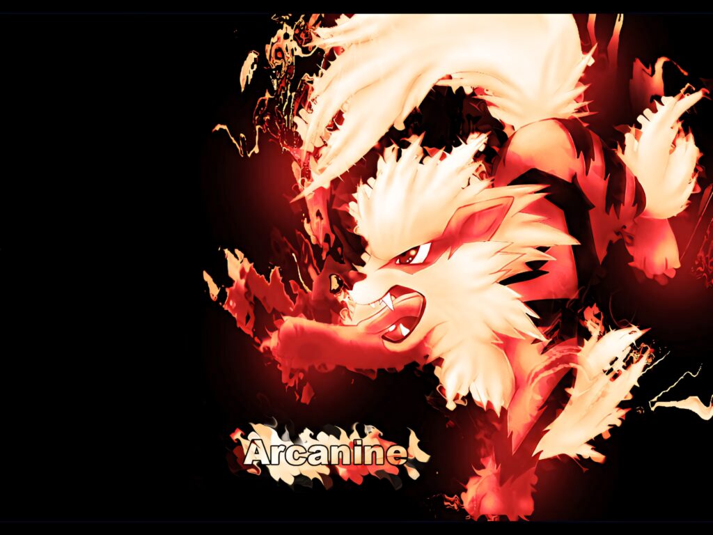 Arcanine with fierce expression blazing fire effects dynamic powerful pose dark background wallpaper