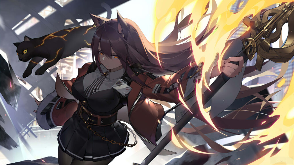 Fierce Arknights Wallpaper: Character & Cat in Fiery Action Scene