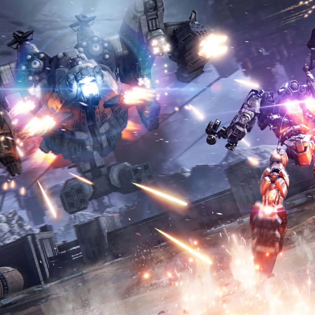 Armored Core mechs clash on high tech battlefield firing energy blasts in action wallpaper