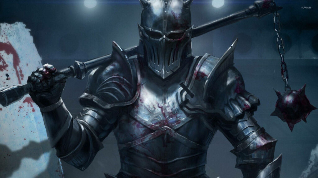 Heavily armored knight with blood-stained mace in dark setting fierce and intimidating wallpaper