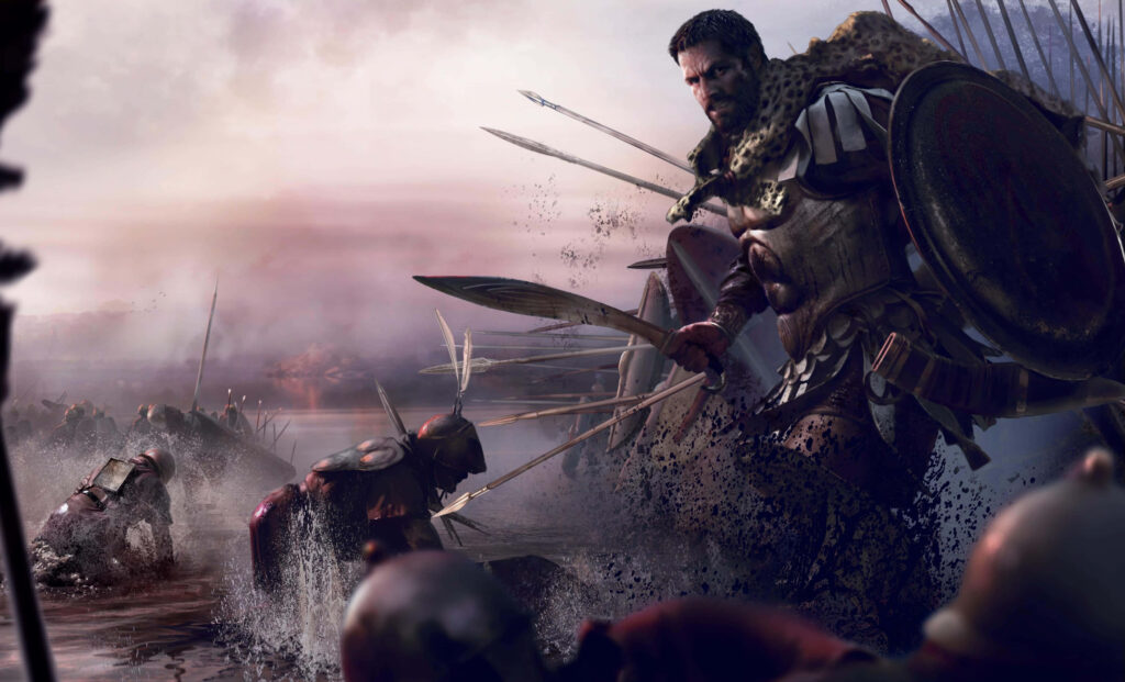 Fierce armored warrior leading troops into intense dawn battle with flying spears wallpaper