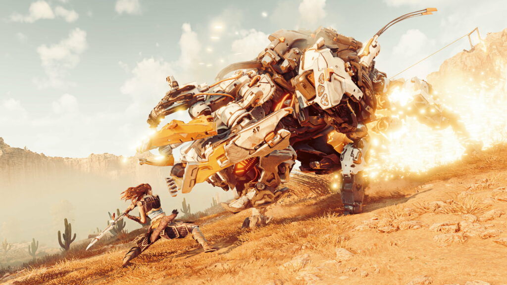The Duel: Aloy's Epic Battle Against the Robotic Monstrosities of Horizon Zero Dawn Wallpaper