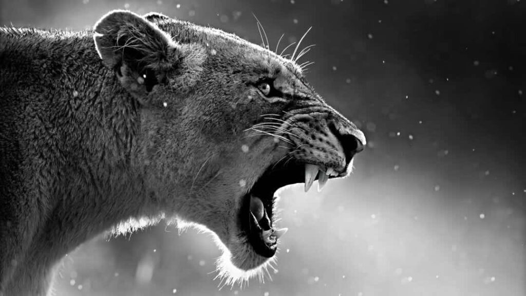 Fierce Roaring Lion Wallpaper: Dramatic Black and White Background