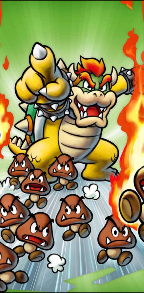 Fierce Bowser commanding Goombas with flames vibrant colors Mario universe cartoon wallpaper