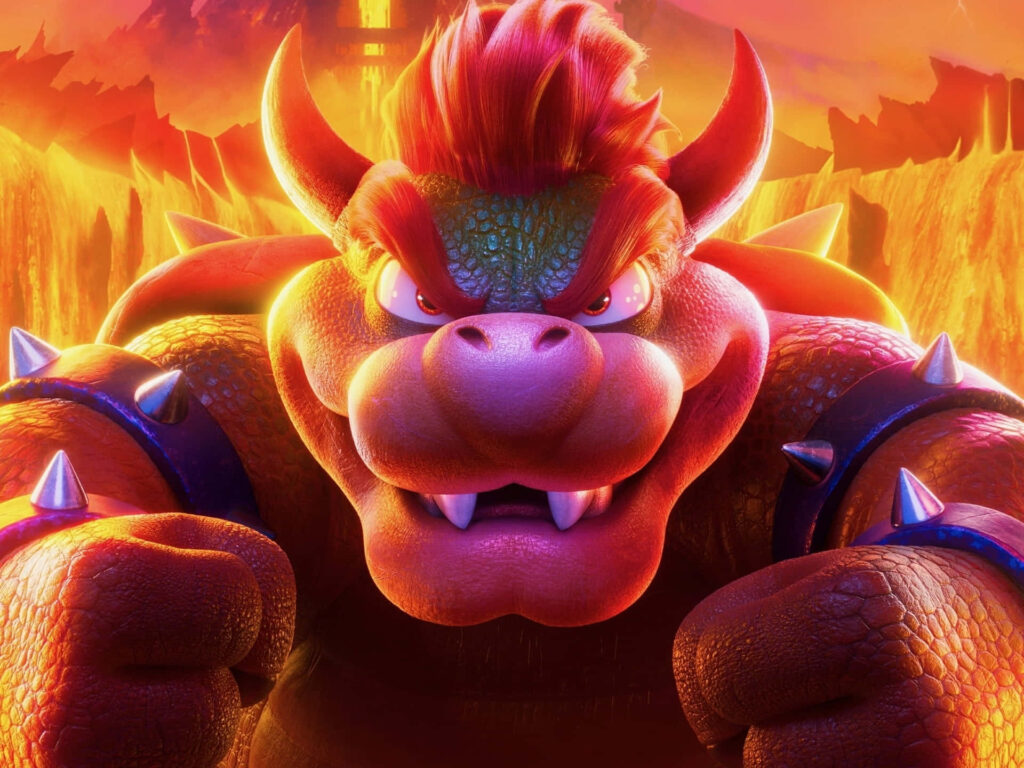 Fierce Bowser 3D rendering with clenched fists glowing background intense flames spiked cuffs wallpaper