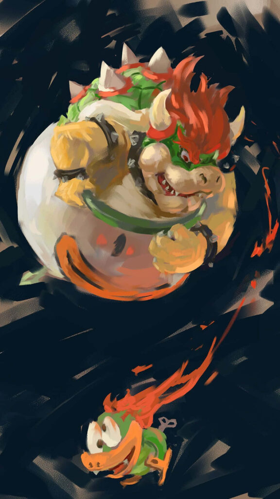 Bowser roaring fiercely with fiery red hair sharp spikes and vibrant green shell digital art wallpaper