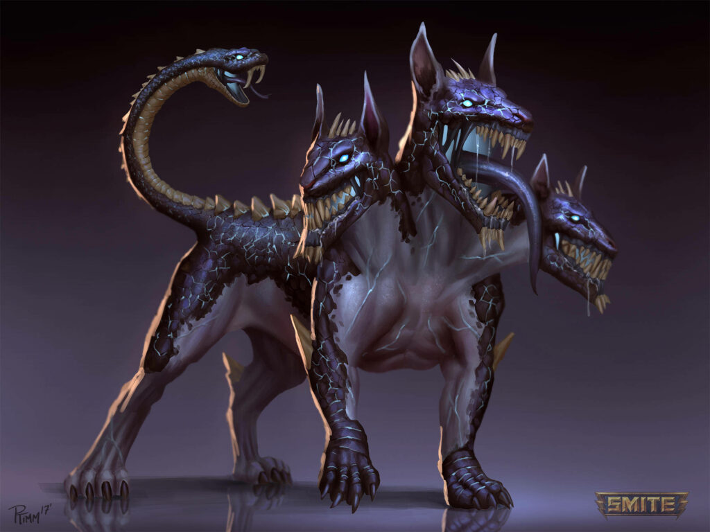Realistic fierce Cerberus three-headed hound with glowing blue eyes and dark scaly bodies wallpaper