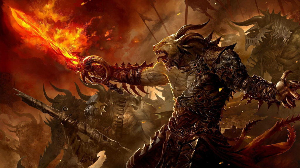 Fierce Charr Warrior Wallpaper: Intense Battle Scene in Guild Wars 2