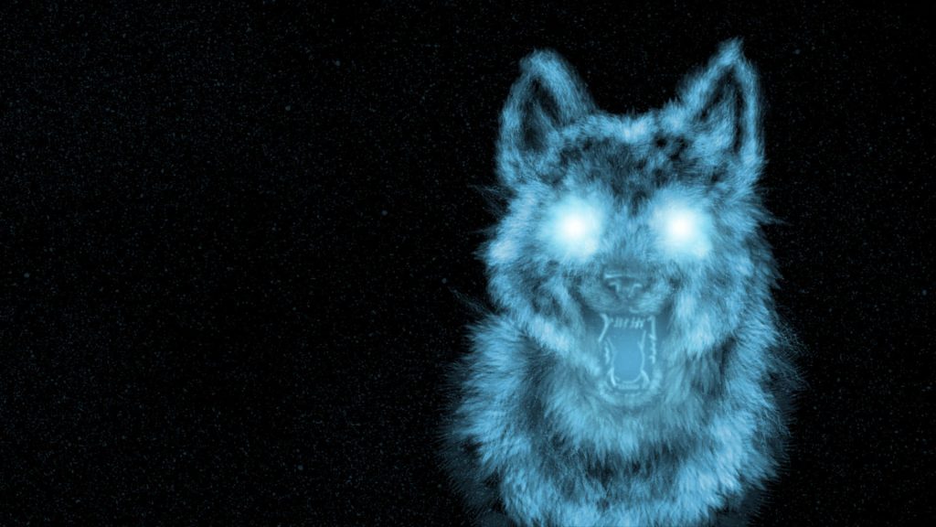 Fierce wolf digital art with glowing blue cosmic particles on dark starry background wallpaper