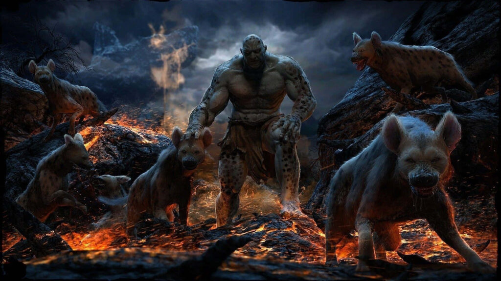 Powerful Creature Amid Menacing Hyenas in Dark Fiery Landscape Wallpaper