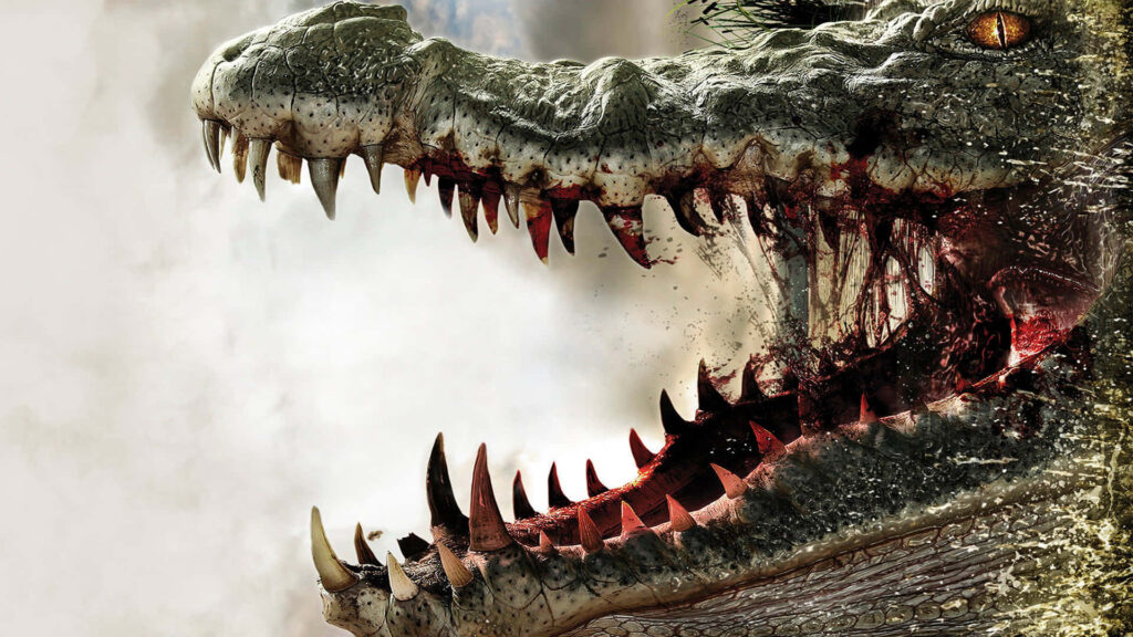 Close-up of fierce crocodile with open jaws showing sharp teeth and blood detailed wallpaper