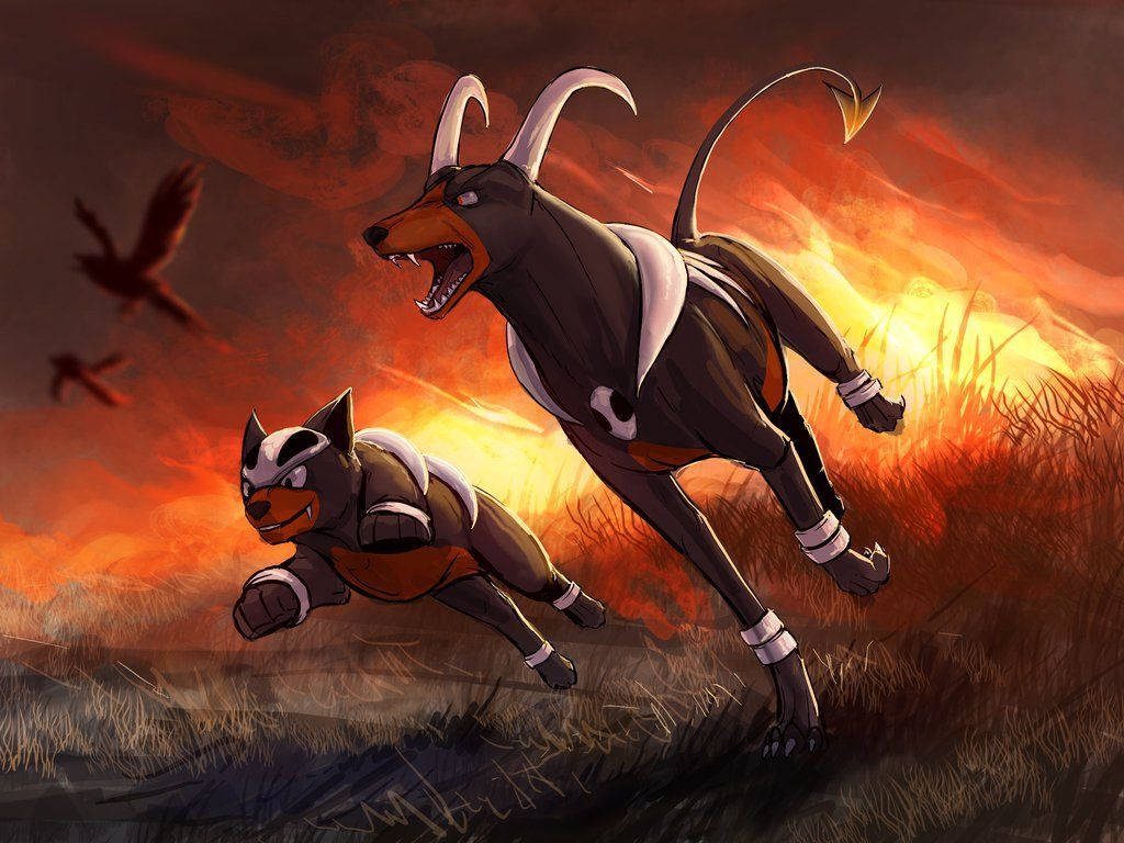 Dark-type Pokémon Houndoom and Houndour racing through fiery flames in intense digital art Wallpaper