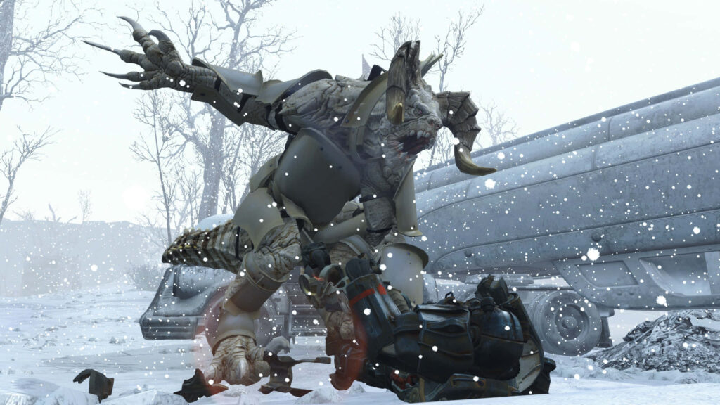 Fierce Deathclaw attacking power-armored survivor in snowy Fallout wasteland post-apocalypse Wallpaper