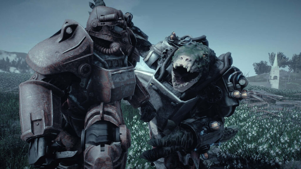 Fierce Deathclaw attacking power armor figure in Fallout wasteland overgrown grass ruins wallpaper