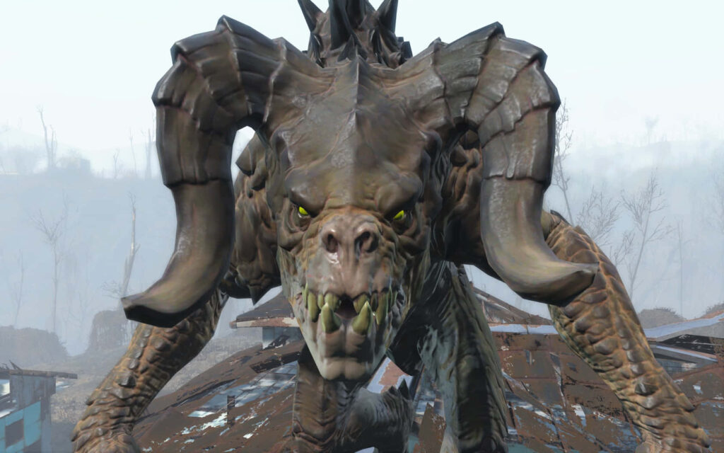 Menacing Fallout Deathclaw with sharp teeth and scaly hide in post-apocalyptic setting wallpaper